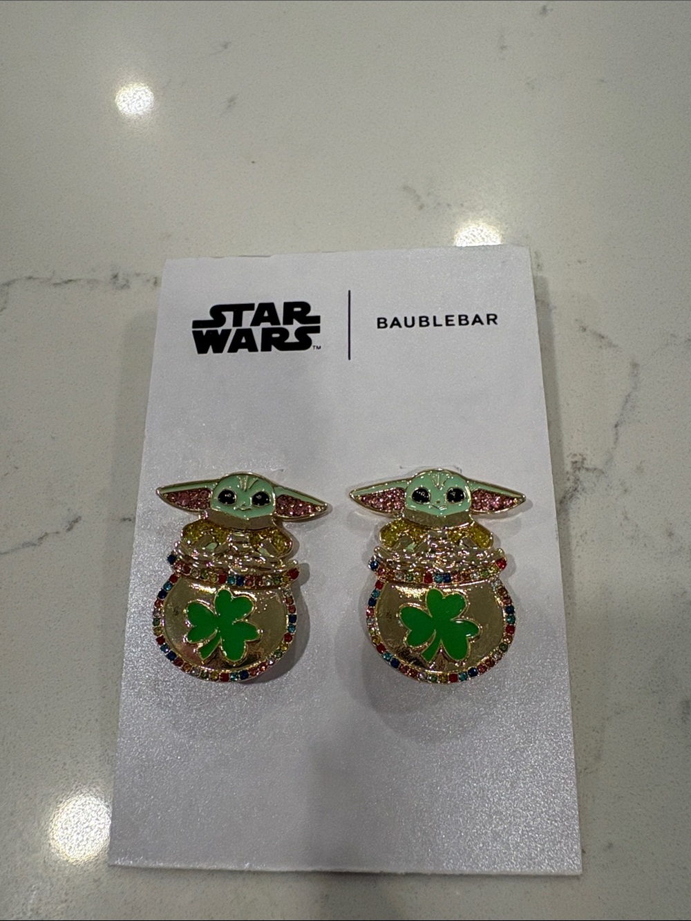 BaubleBar x Star Wars Green Baby Yoda Shamrock Earrings